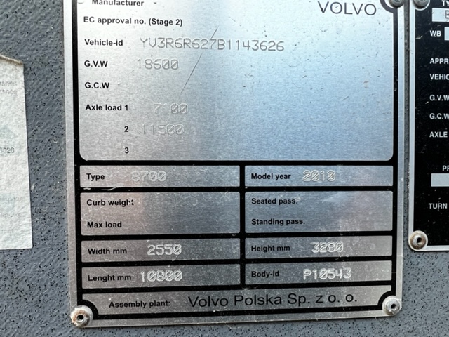 VOLVO B7R 8700; handicap lift; 37 seats; 10,8 m; EURO 5